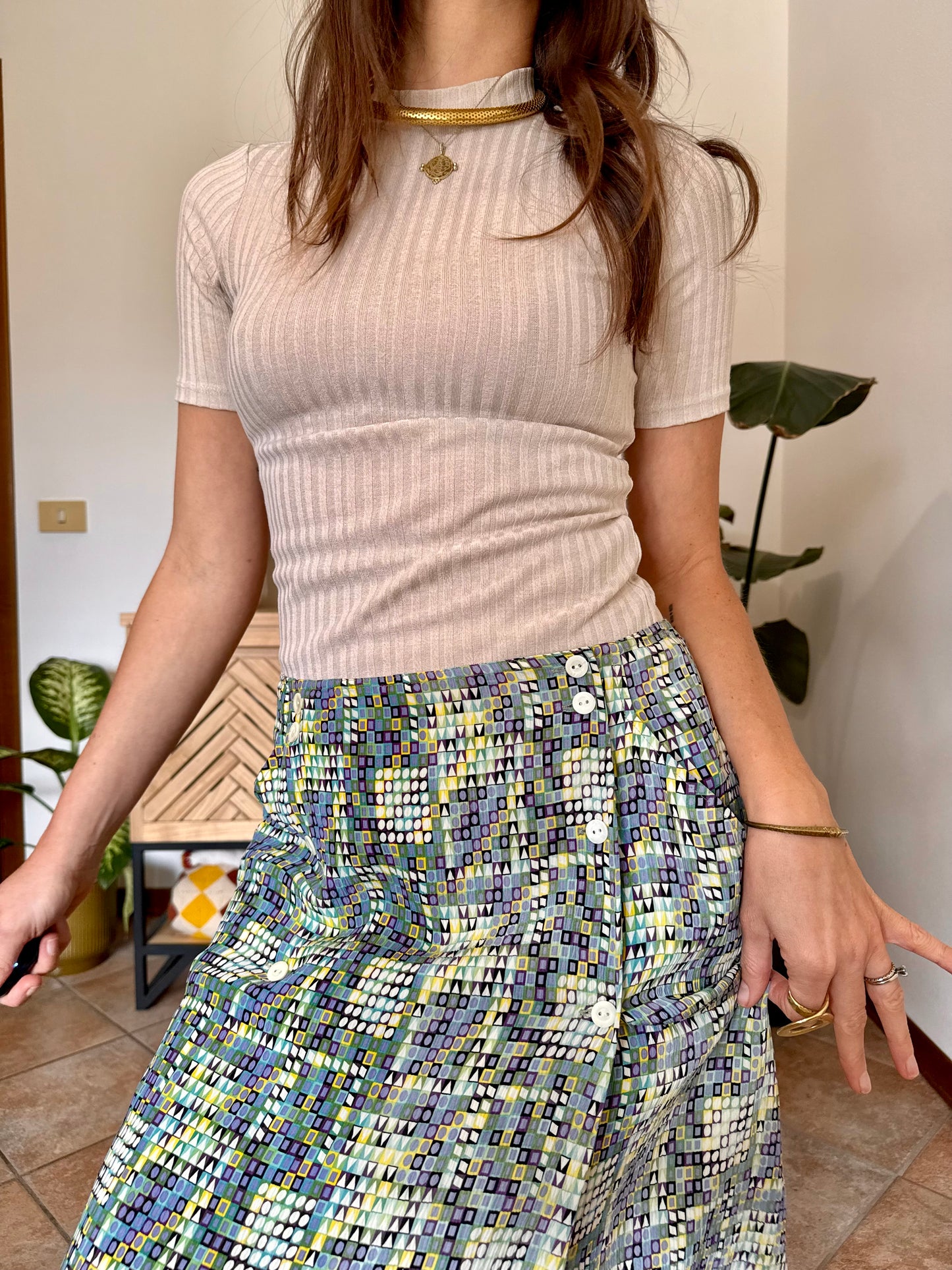 1970’s vintage turquoise, lilac and green geometric print silk midi skirt