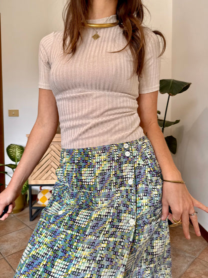 1970’s vintage turquoise, lilac and green geometric print silk midi skirt