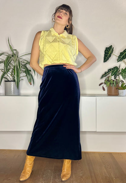 1970's vintage navy blue velvet maxi skirt