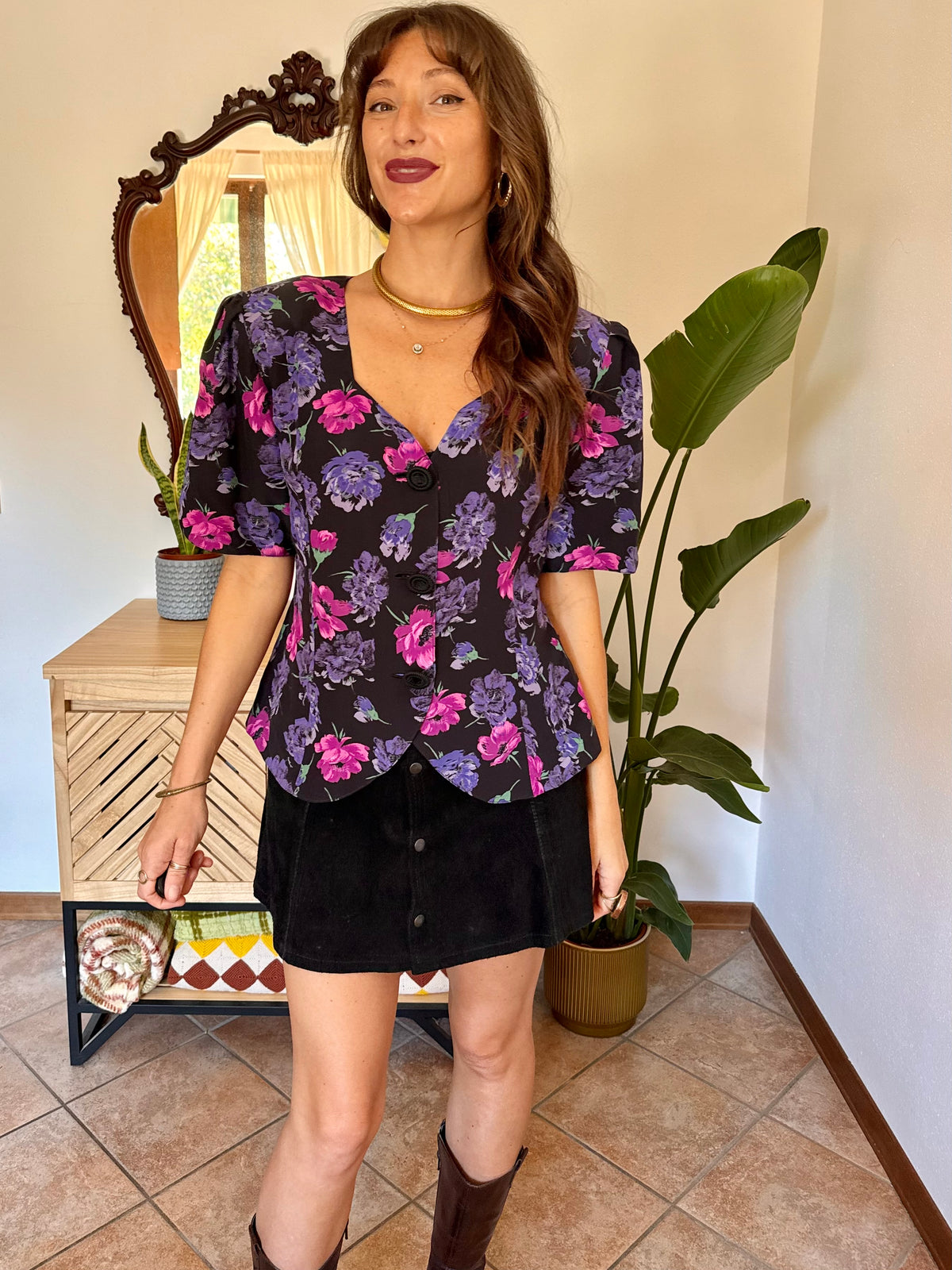 1960’s vintage black structured silk blouse with pink and purple floral print