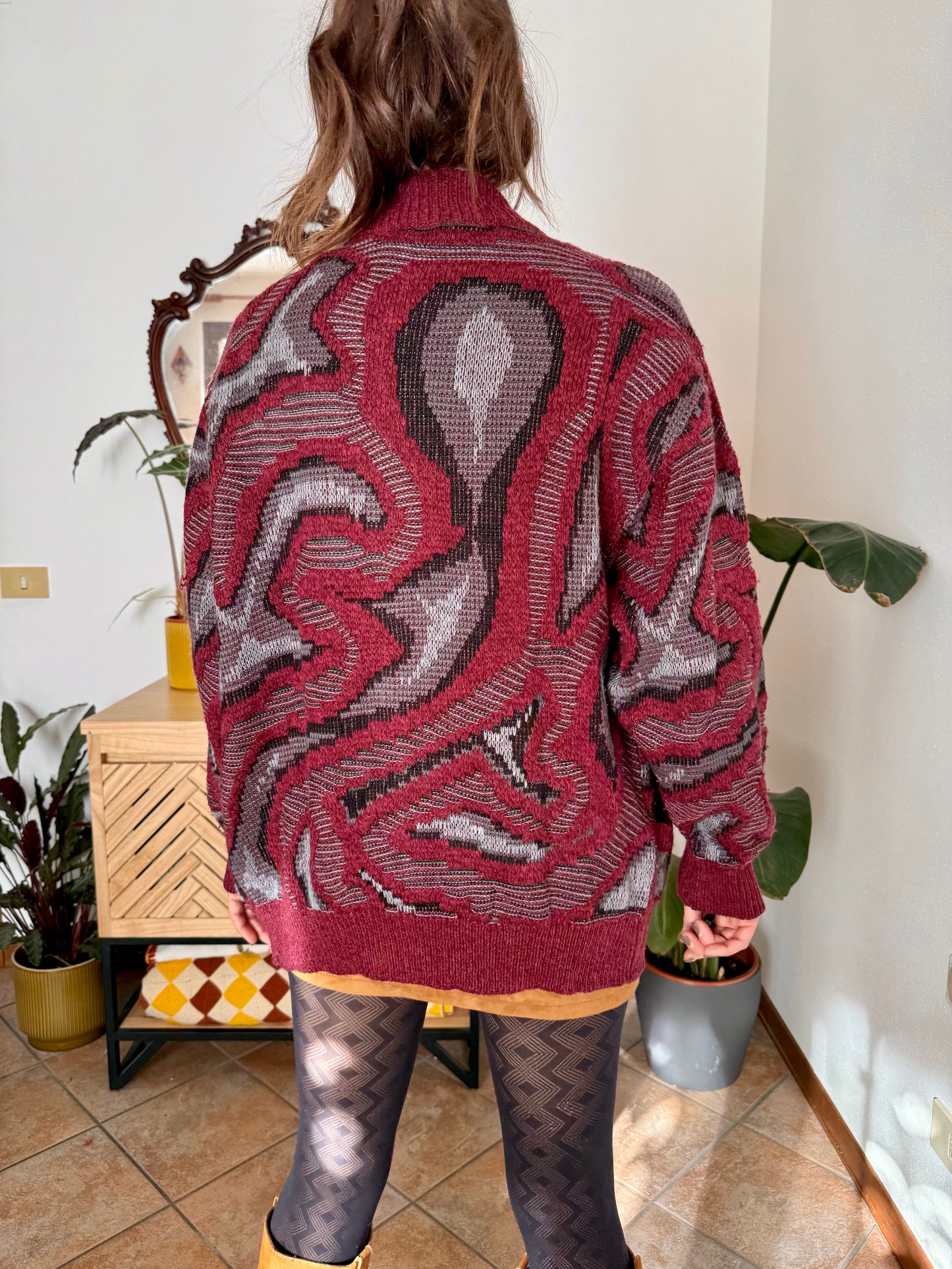 1970’s vintage burgundy, grey and black knit dress