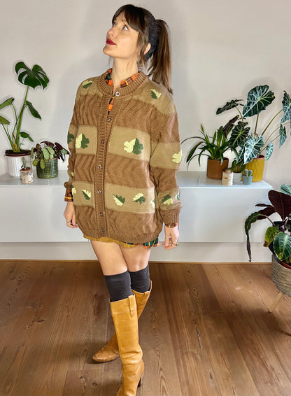 1970's vintage oversize tan trip knit cardigan with green leaf knit pattern