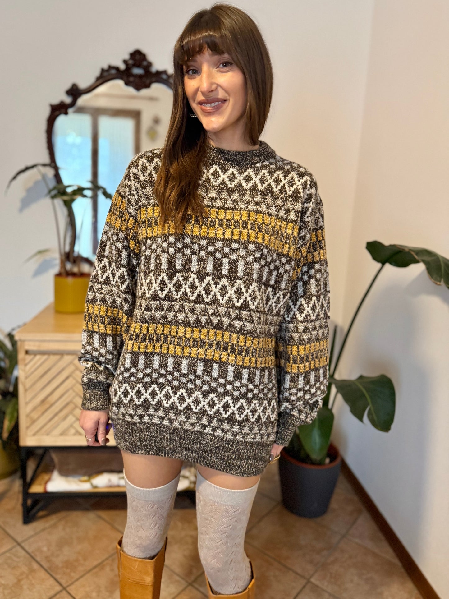 1970's vintage chocolate brown and mustard yellow geometric knit wool pullover