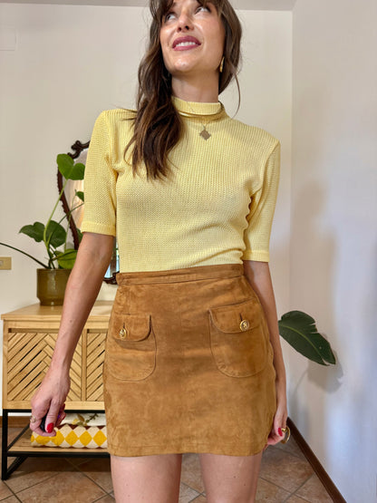 1970's vintage butter yellow knit mock neck top with zip detail