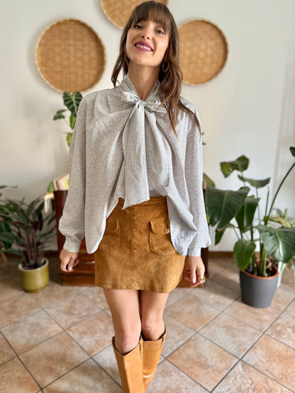 1970's vintage grey and white polkadot bow tie blouse