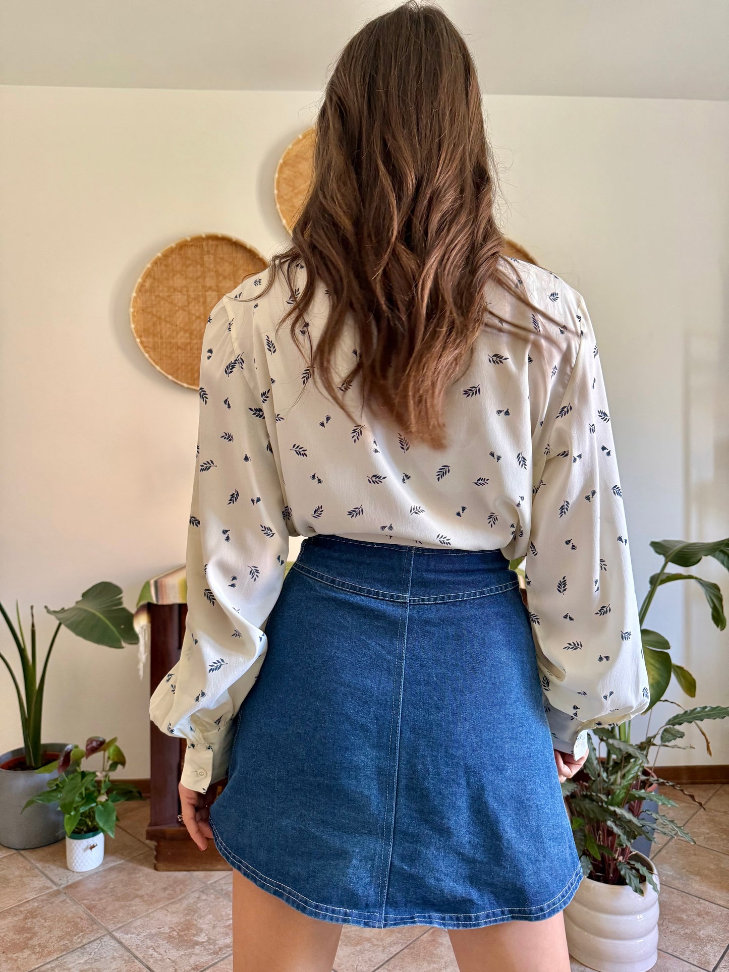 1970’s vintage cream with navy blue floral bow tie silk blouse