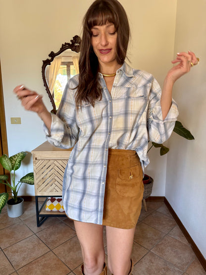 1990's vintage light blue, cream and beige western pearl snap shirt