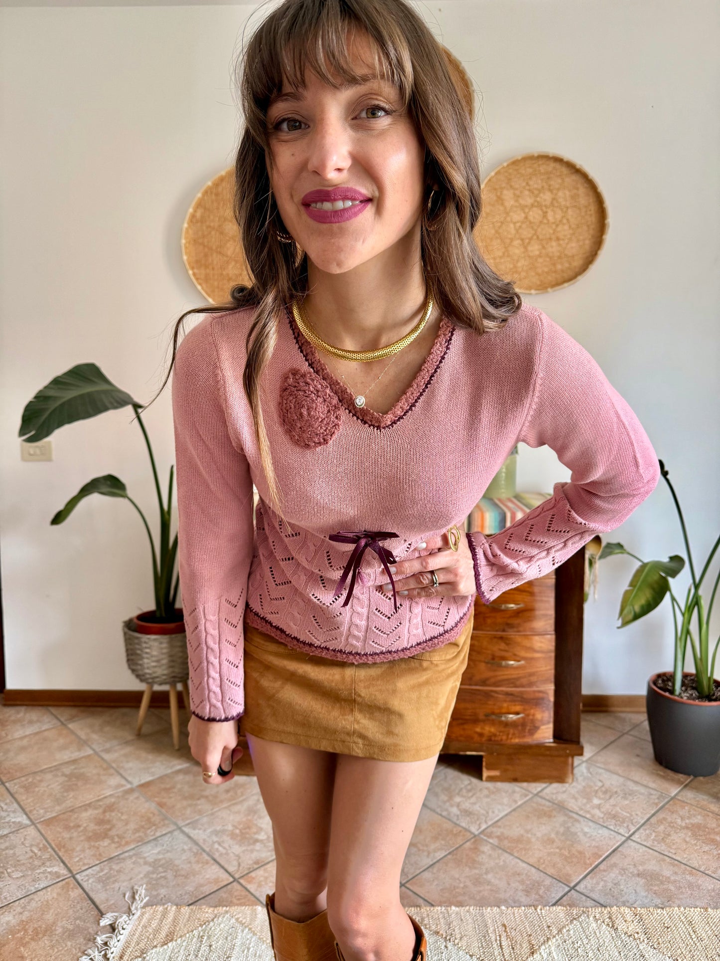 Y2K vintage pink knit bell sleeve knit pullover with bow details