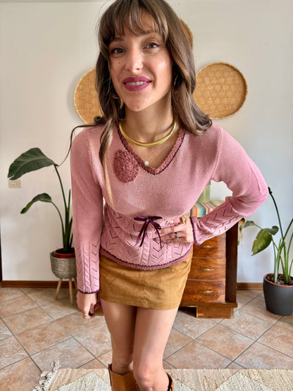 Y2K vintage pink knit bell sleeve knit pullover with bow details