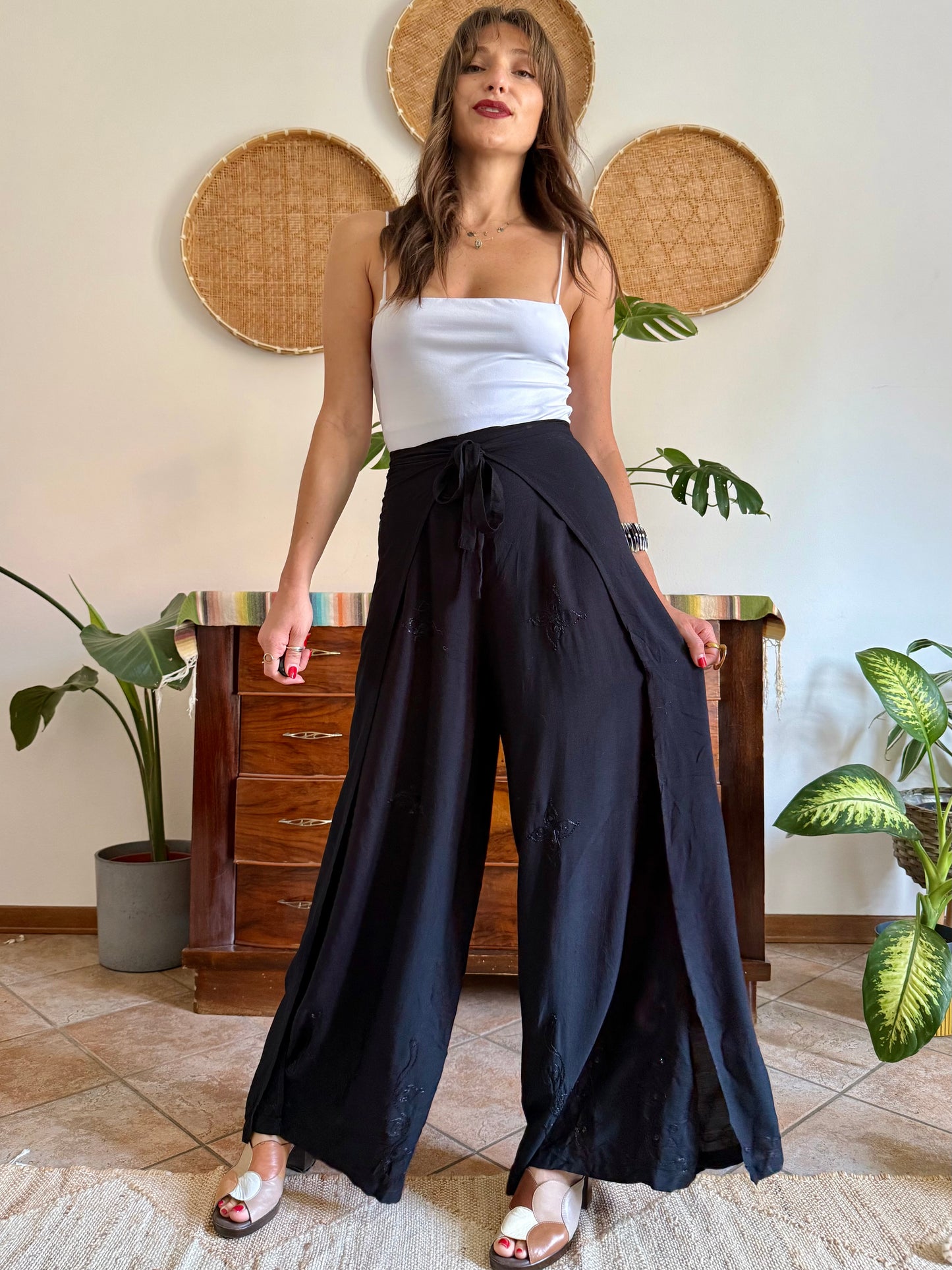 1990’s vintage black adjustable tie wide leg trousers with floral embroidery and sequin detailing