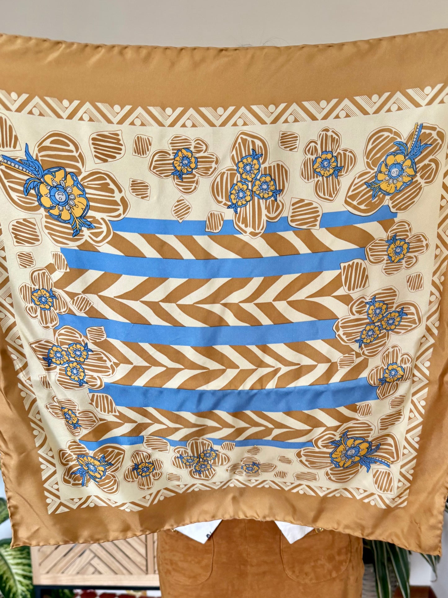1970's vintage tan , light blue and yellow silk floral scarf
