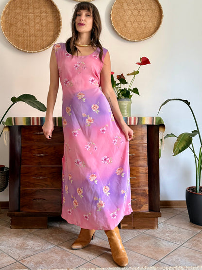Y2K vintage lilac and pink semi sheer floral maxi dress
