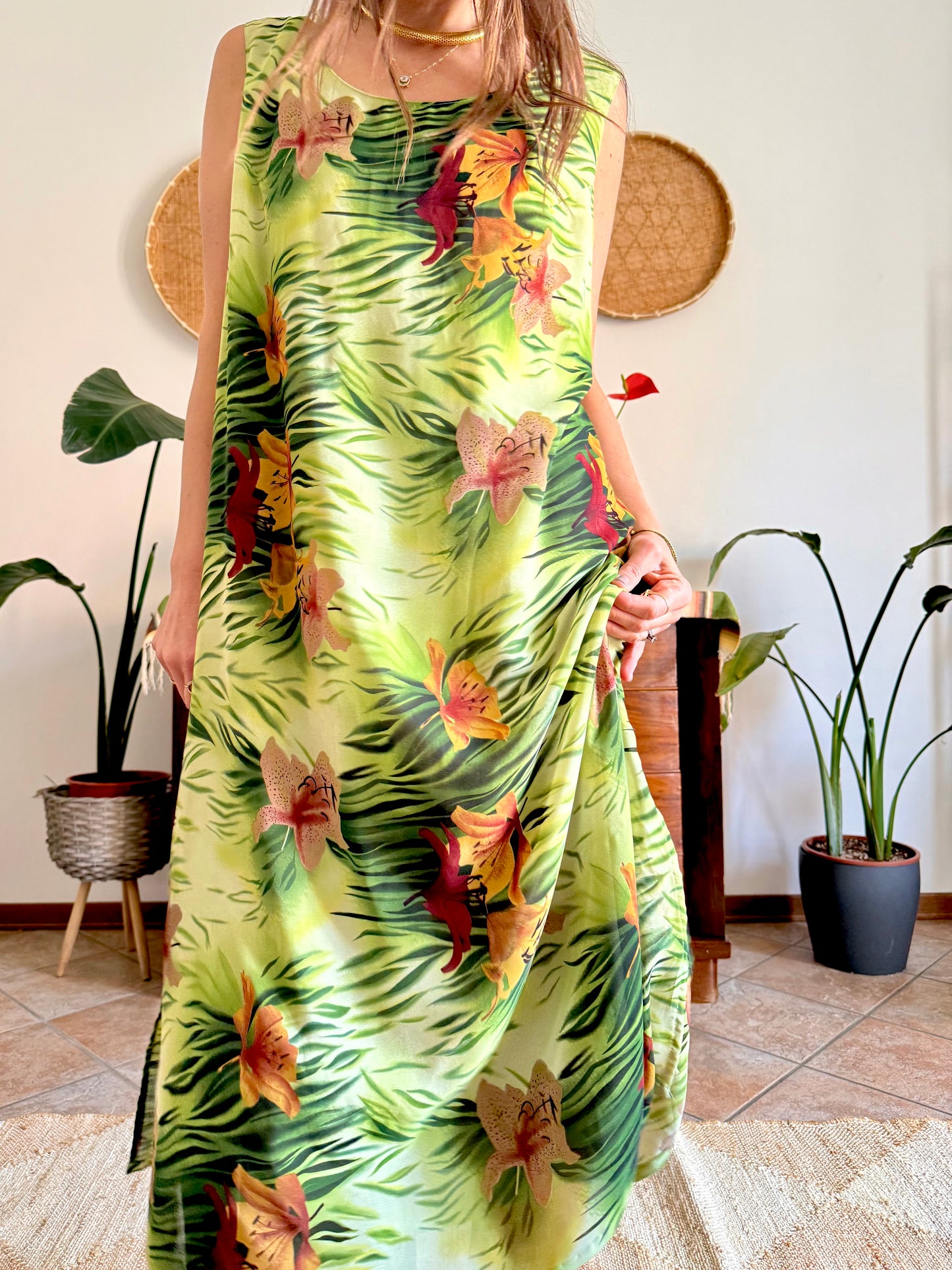 1990's vintage green and burgundy safari print maxi dress
