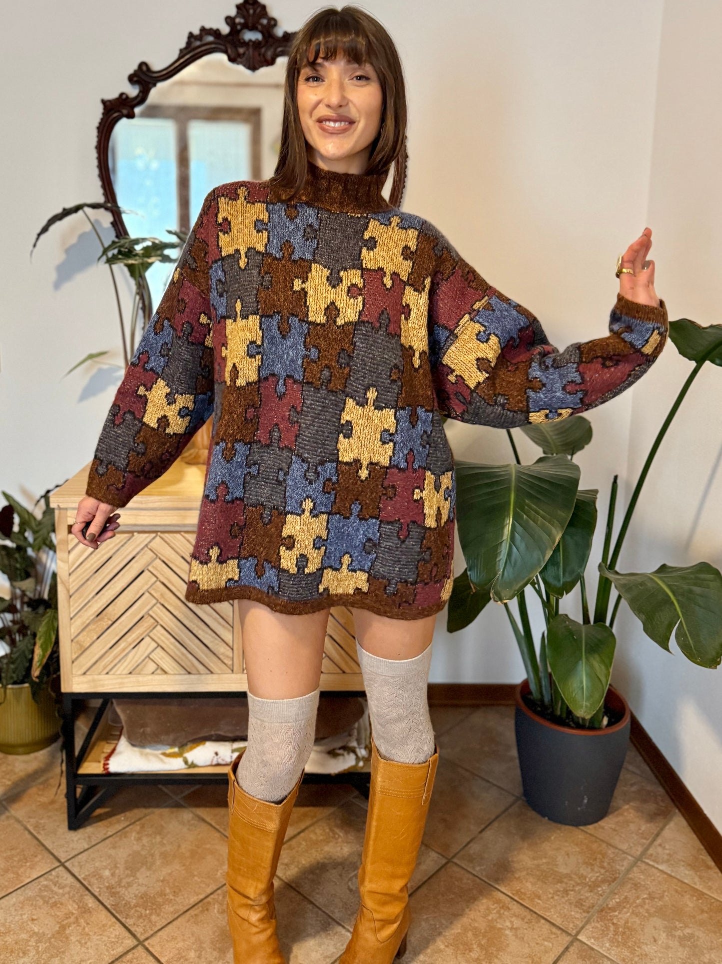 1970's vintage chocolate brown, yellow, blue and burgundy puzzle pattern knit wool pullover