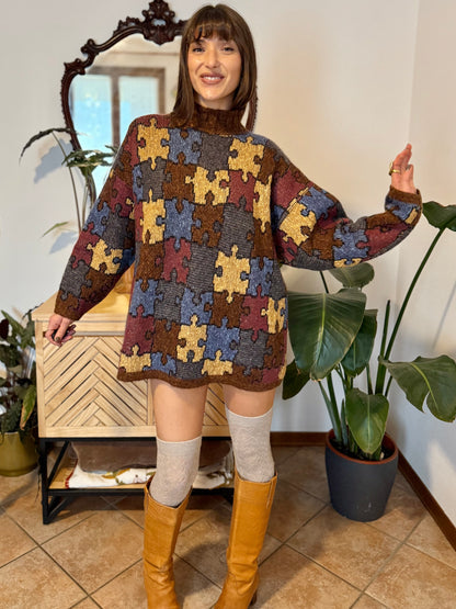 1970's vintage chocolate brown, yellow, blue and burgundy puzzle pattern knit wool pullover