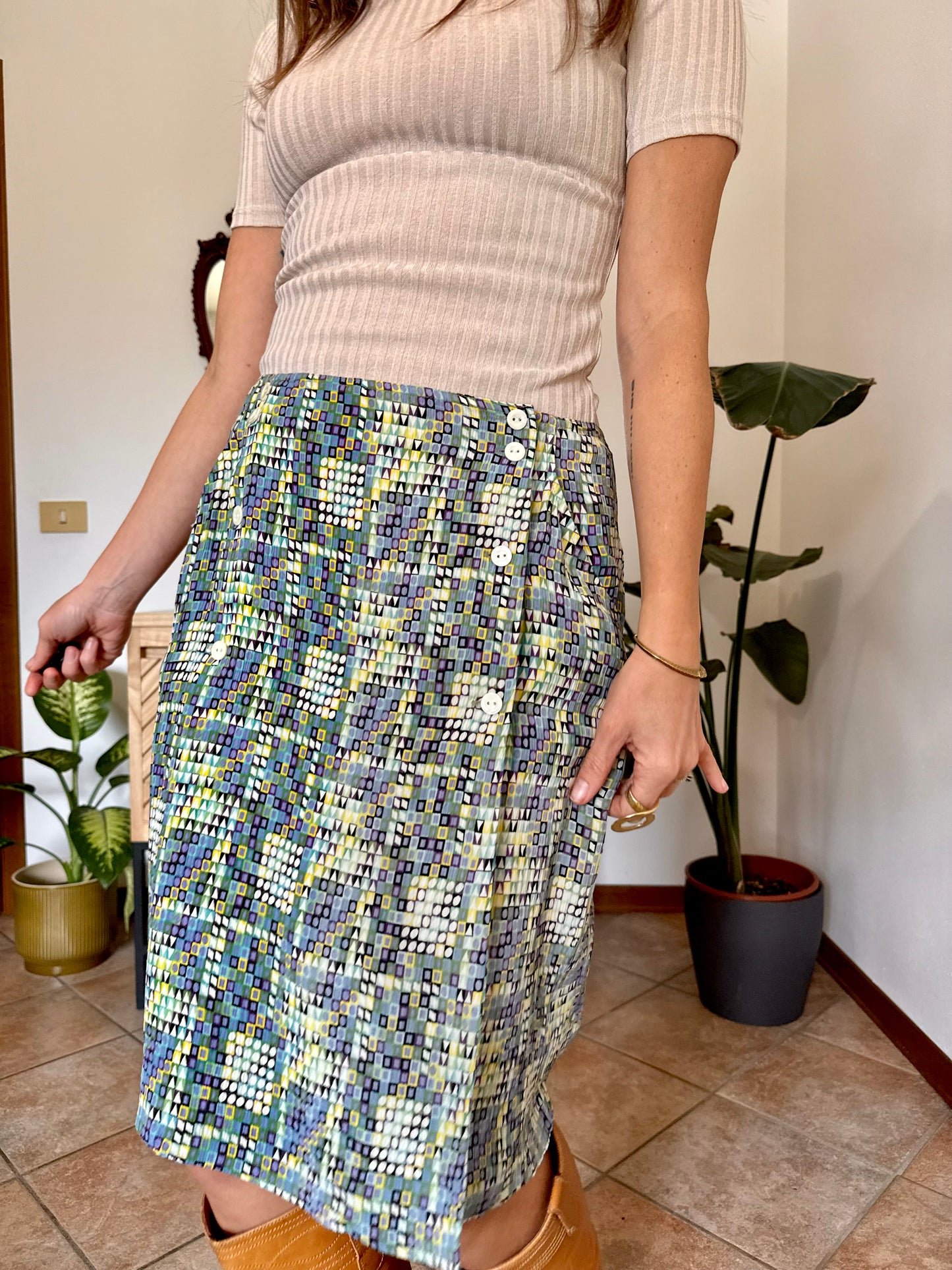 1970’s vintage turquoise, lilac and green geometric print silk midi skirt