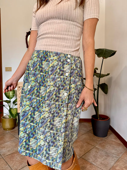 1970’s vintage turquoise, lilac and green geometric print silk midi skirt