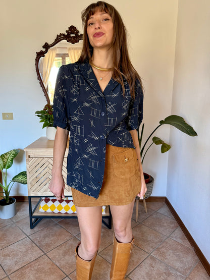 1970’s vintage navy blouse with cream abstract geometric brush stroke print