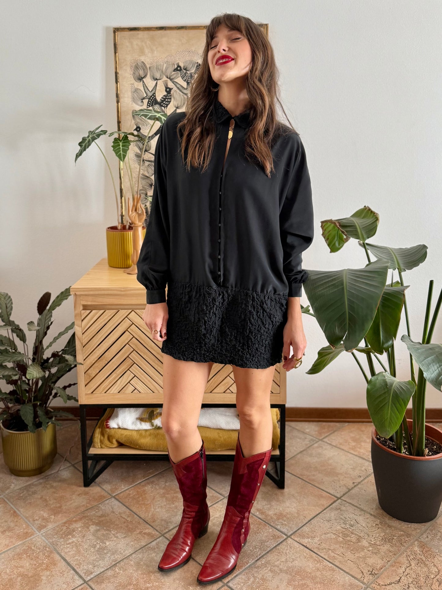 1960’s vintage rouched bottom black satin mini dress