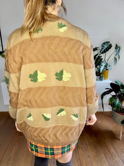 1970's vintage oversize tan trip knit cardigan with green leaf knit pattern