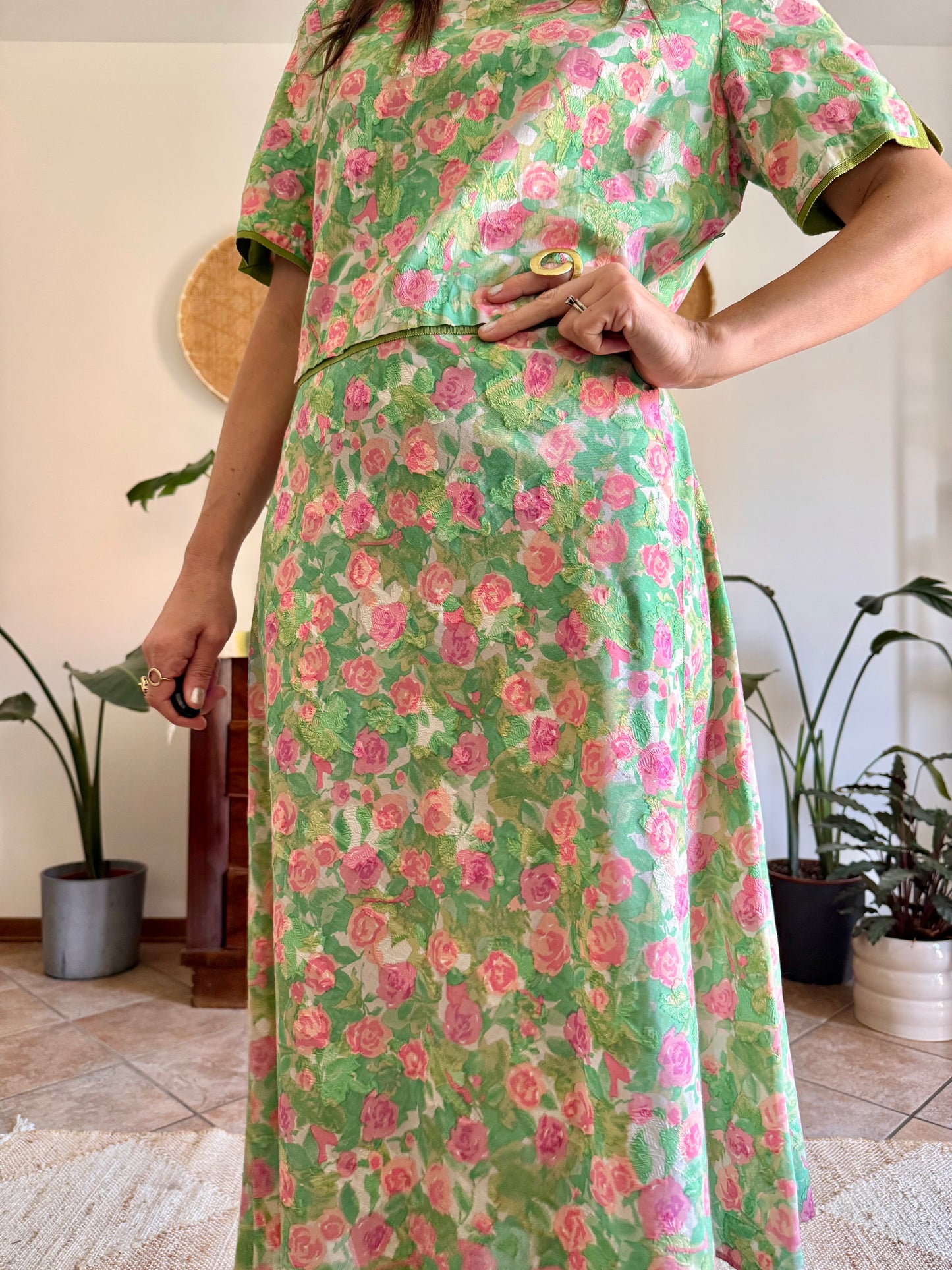 1960’s vintage semi sheer green, pink and white textured floral print midi dress
