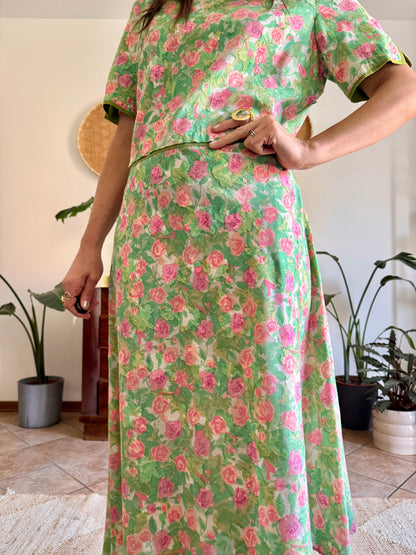 1960’s vintage semi sheer green, pink and white textured floral print midi dress