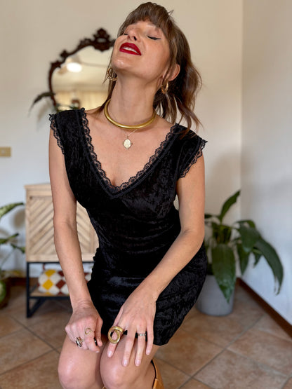 1990’s black velvet midi dress with lace trim