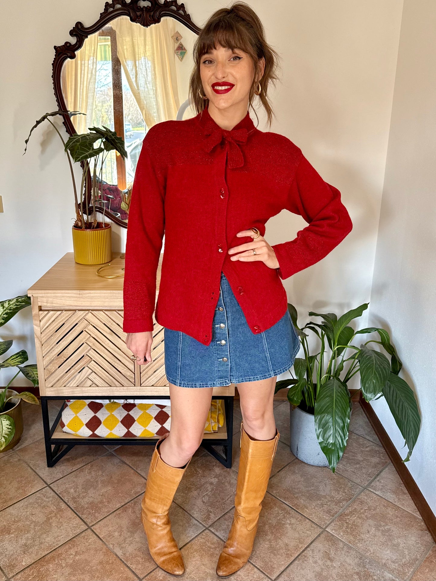 1960’s vintage cherry red hand knit wool cardigan with bow detail