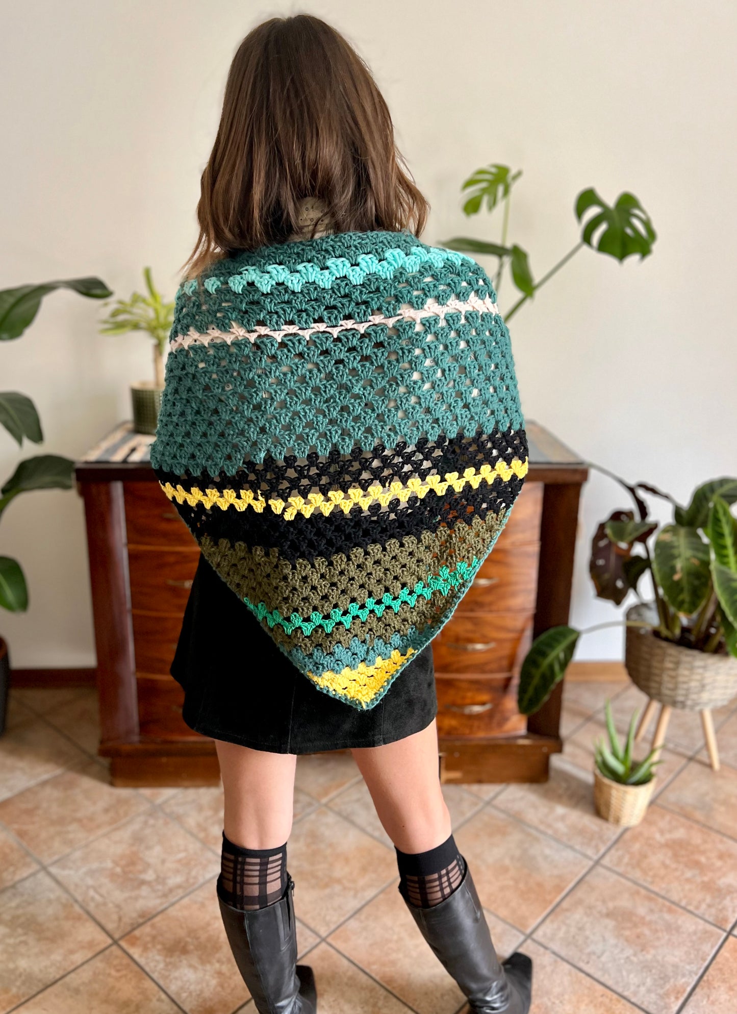 1970's vintage hand knit wool teal , black and yell stripe knit shawl