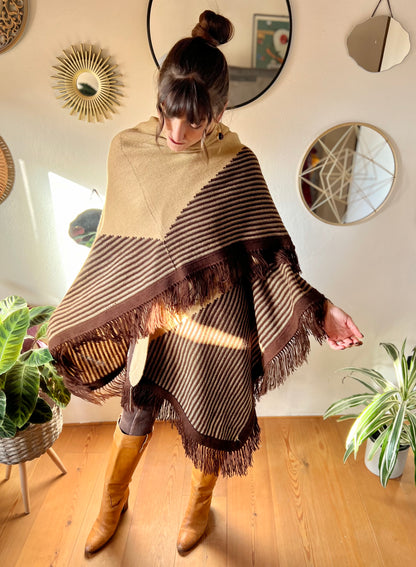 1970's vintage hand knit tan and chocolate brown geometric knit poncho with fringe detail