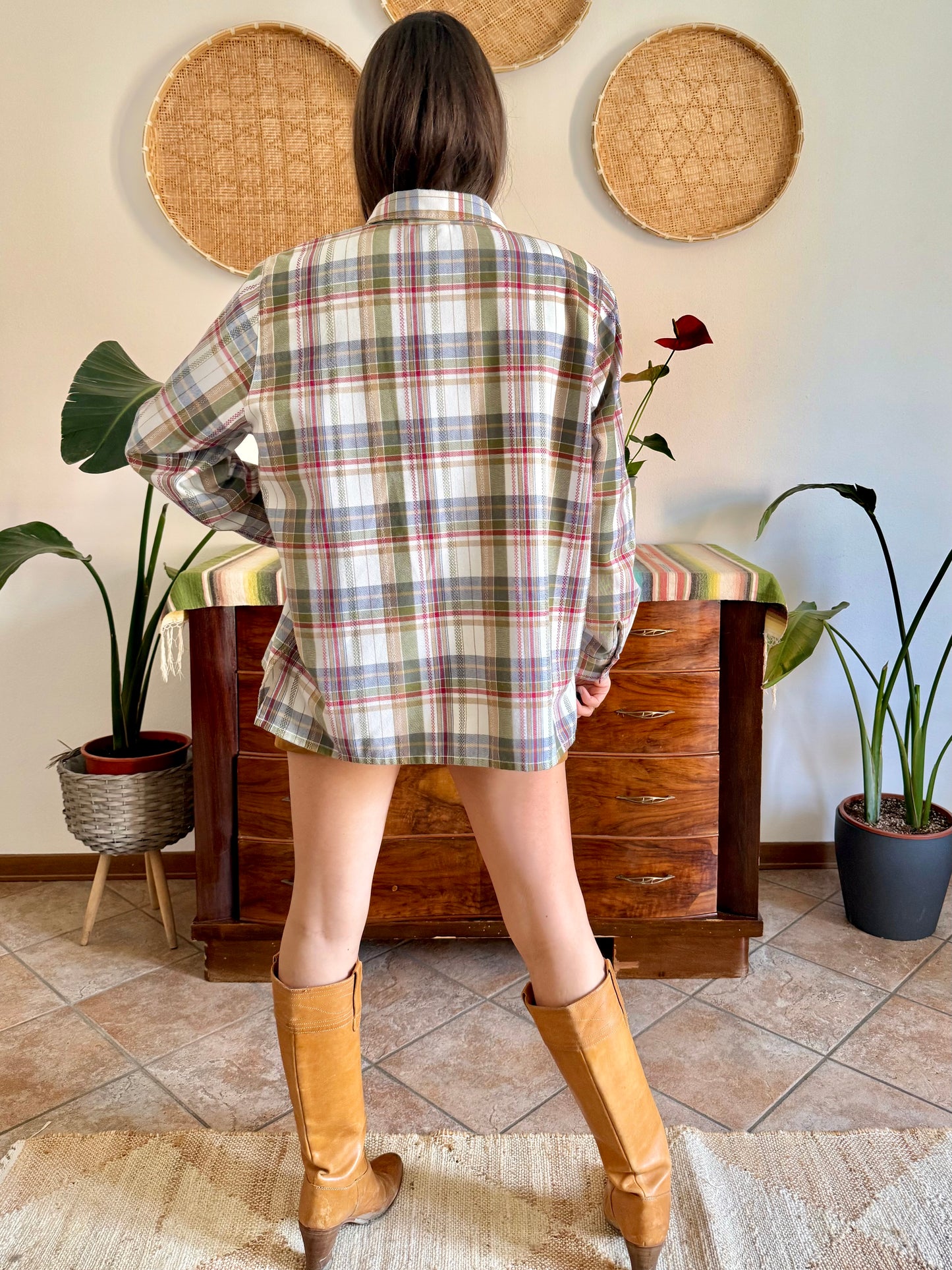1970's vintage red, green and cream textured western style plaid button down shirt