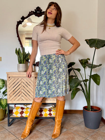 1970’s vintage turquoise, lilac and green geometric print silk midi skirt