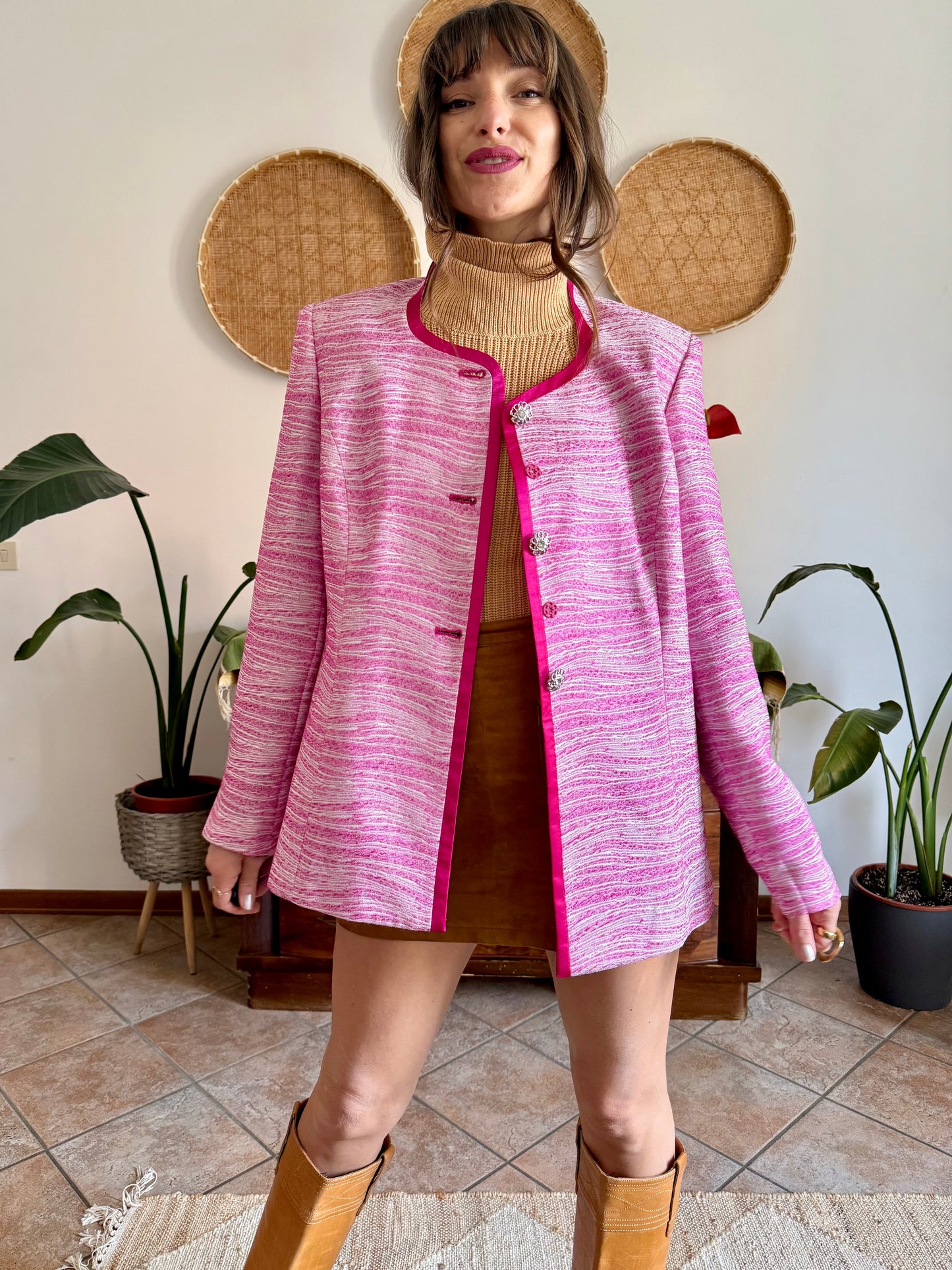 1980’s vintage fuchsia and cream textured woven jacket with rhinestones stone buttons