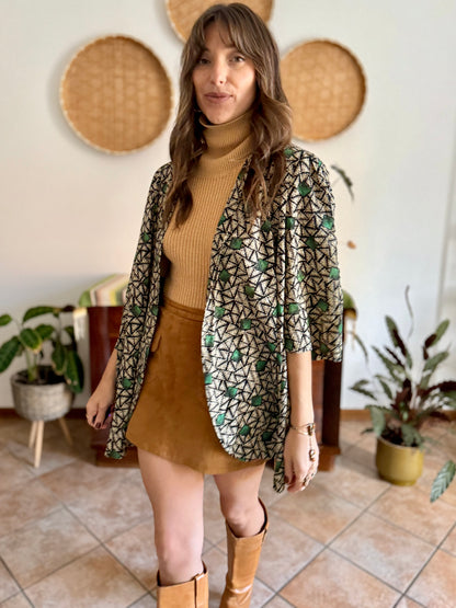 1970's vintage tan, black and green geometric print satin jacket