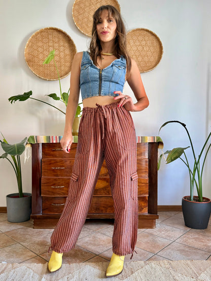 1990’s vintage chocolate brown and pink stripe woven wide leg trousers