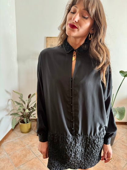 1960’s vintage rouched bottom black satin mini dress