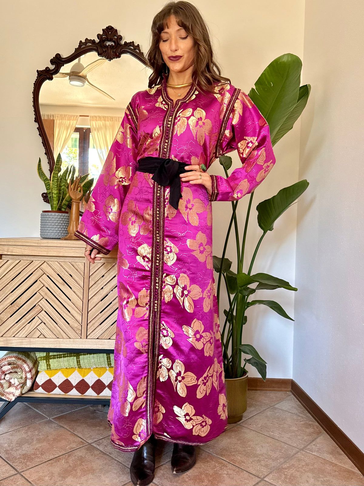 1970’s vintage fuchsia and gold floral weave brocade satin maxi dress