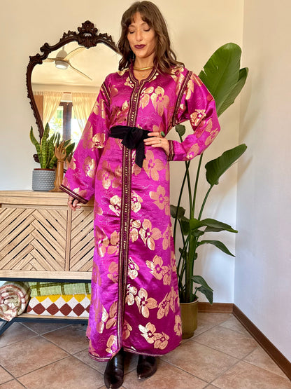 1970’s vintage fuchsia and gold floral weave brocade satin maxi dress