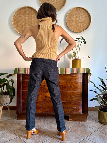 Y2k vintage black and light blue geometric print velvet trousers