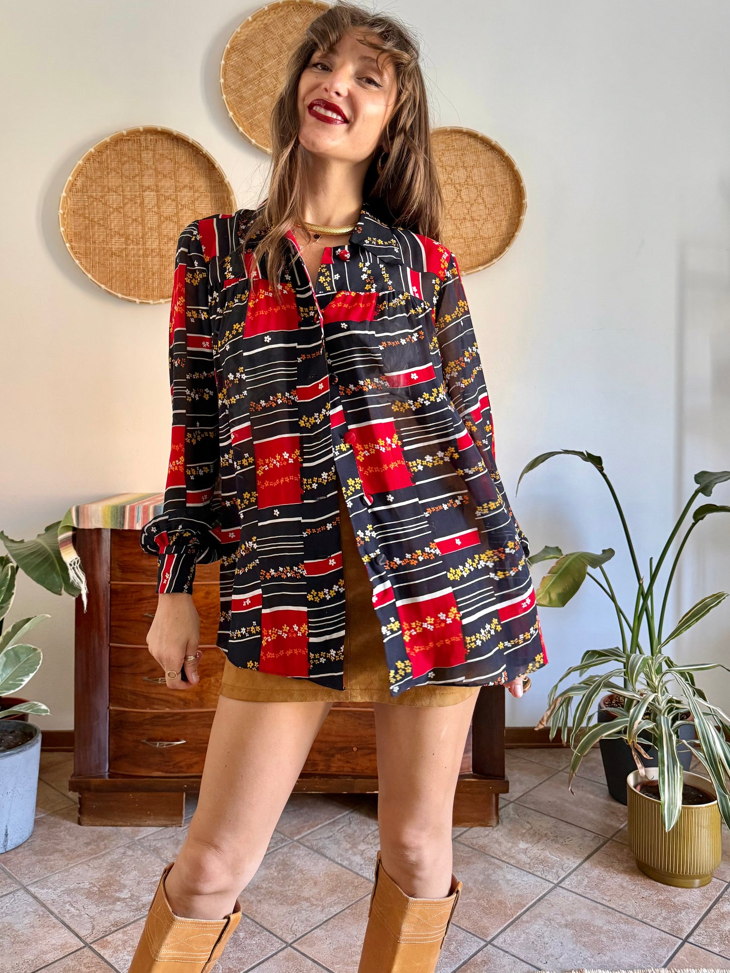 1970's vintage black, red and yellow stripe and floral print blouse