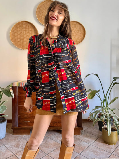 1970's vintage black, red and yellow stripe and floral print blouse