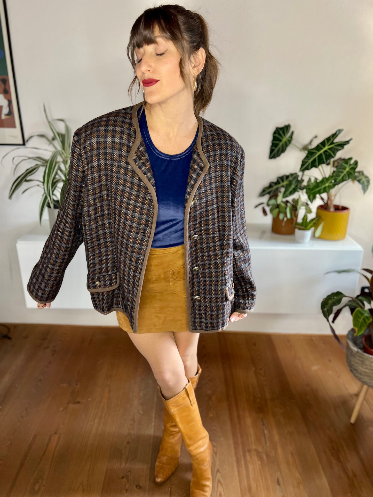 1970's vintage brown and blue oversize plaid wool blazer