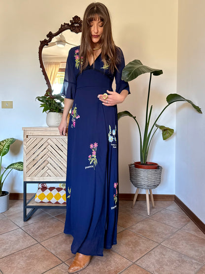 Y2k vintage navy blue belle sleeve maxi dress with floral embroidery
