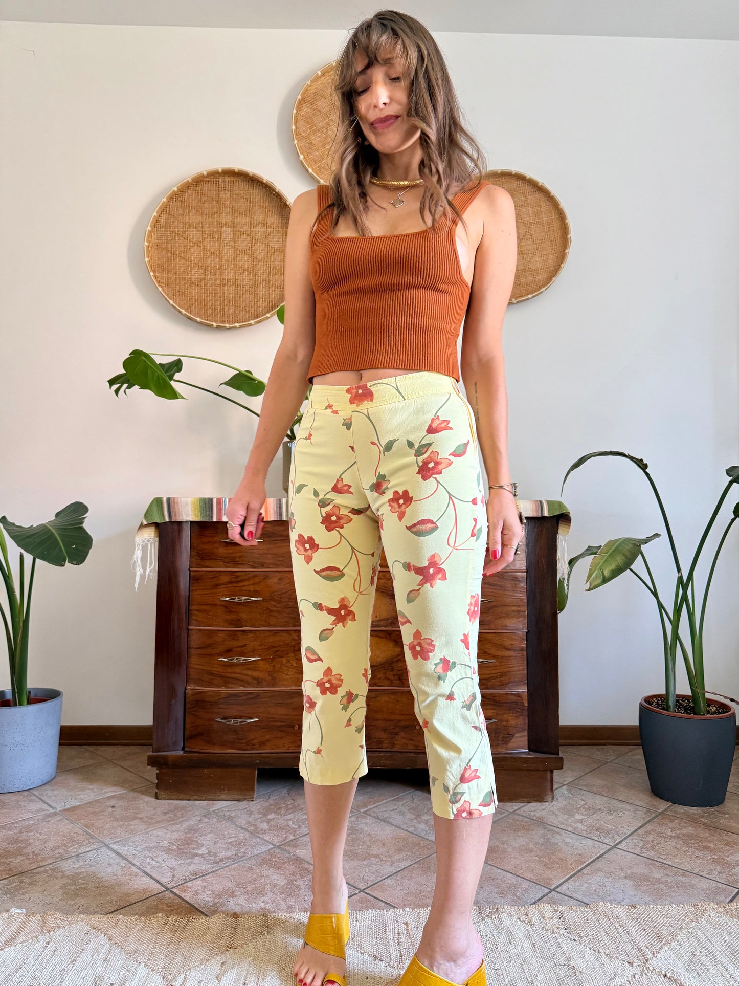1990's vintage yellow and orange floral capri pants