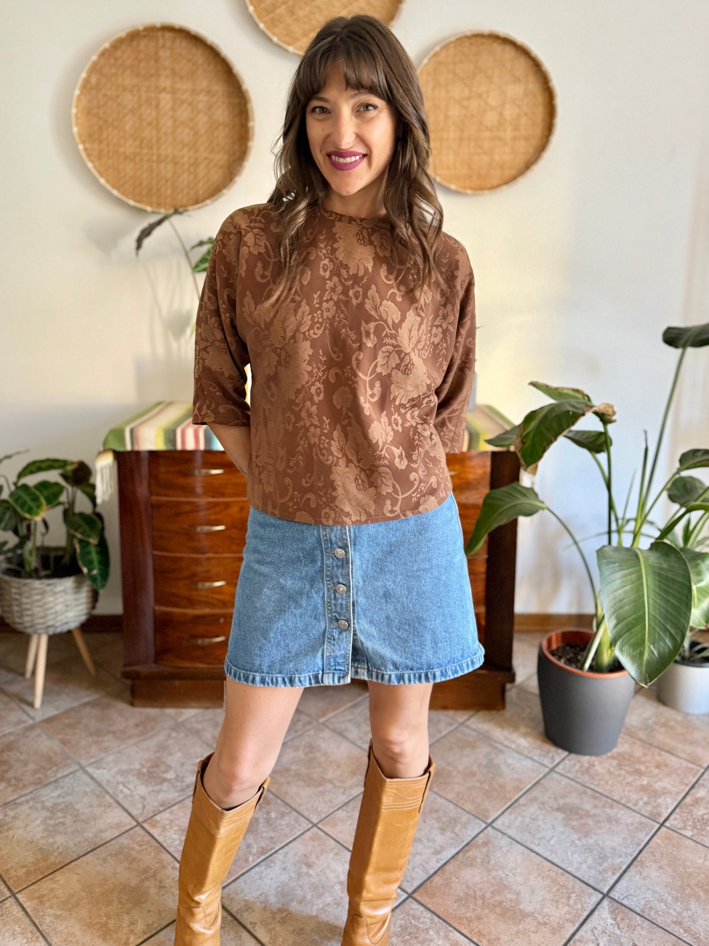 1970's vintage brown woven floral tapestry blouse