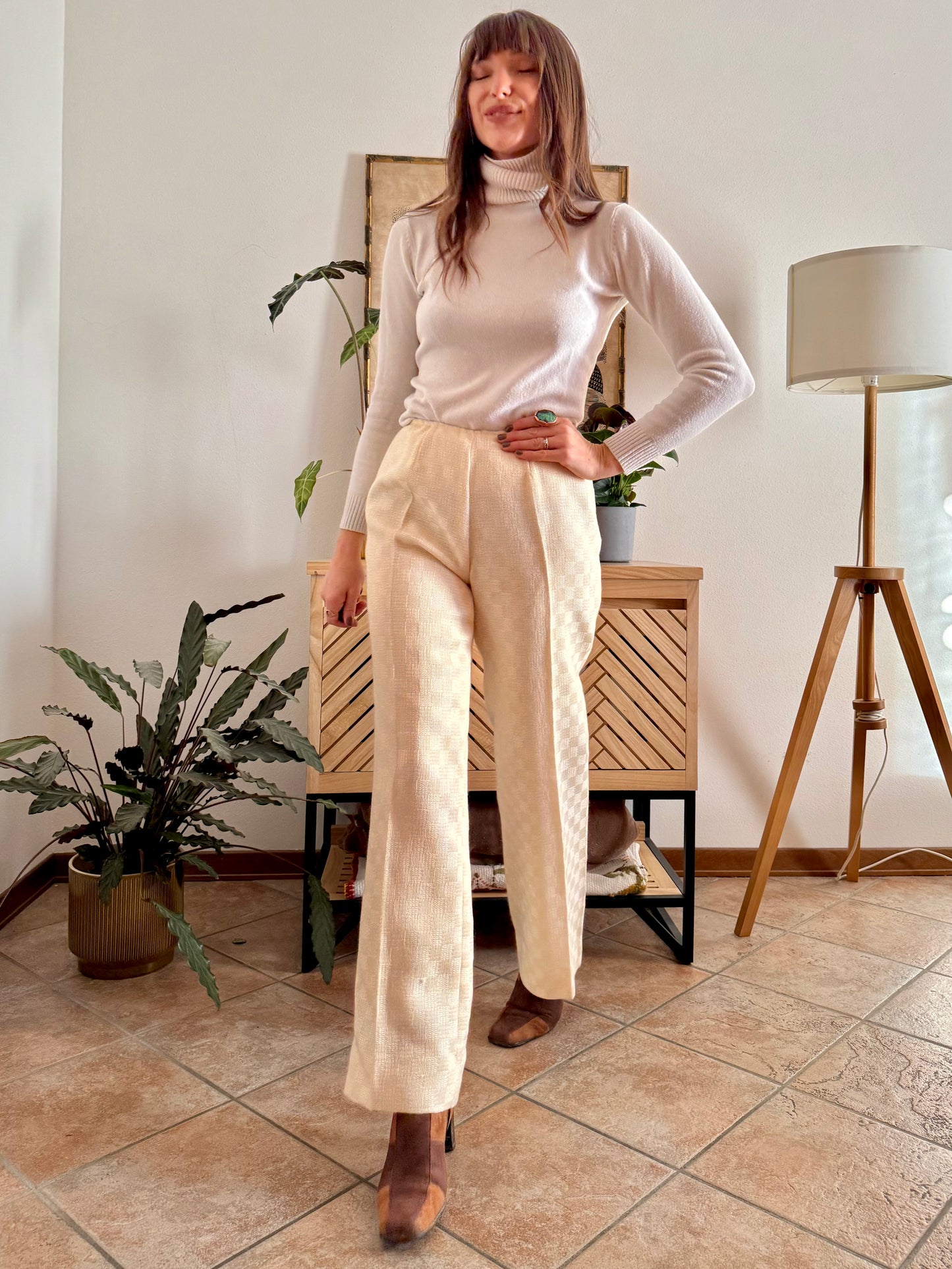 1970's vintage cream checkered weave tweed wool trousers