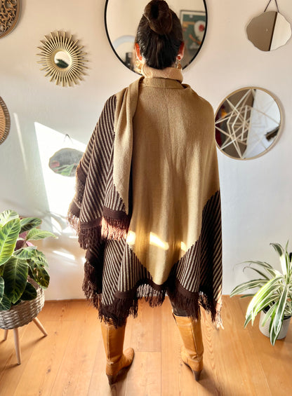 1970's vintage hand knit tan and chocolate brown geometric knit poncho with fringe detail