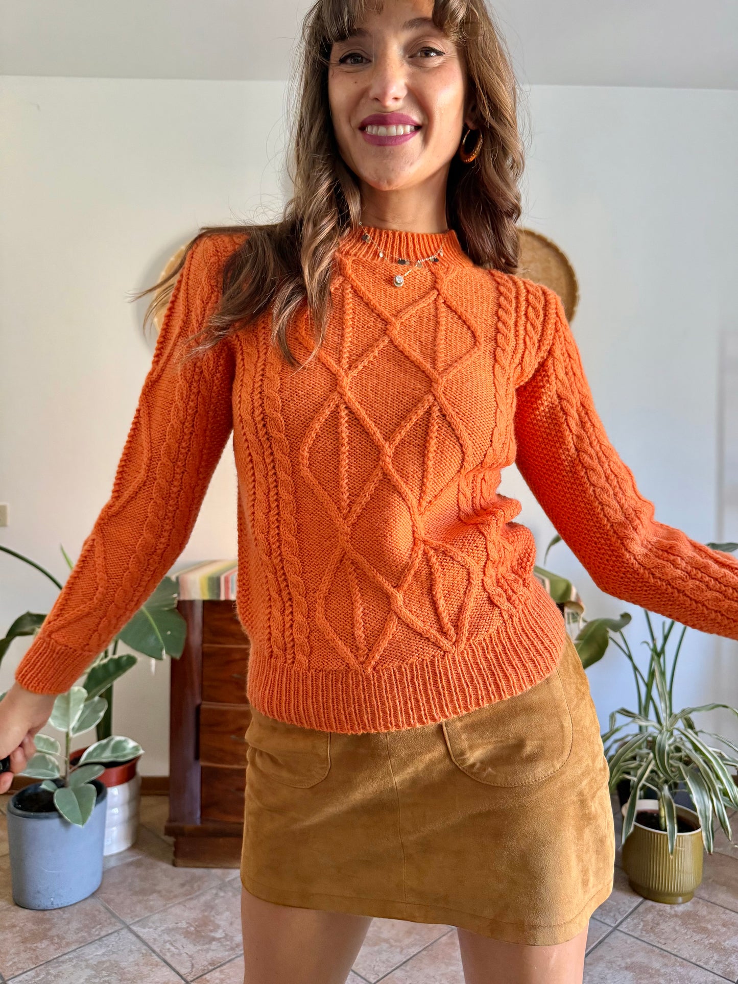 1970's vintage orange wool mock neck cable knit pullover