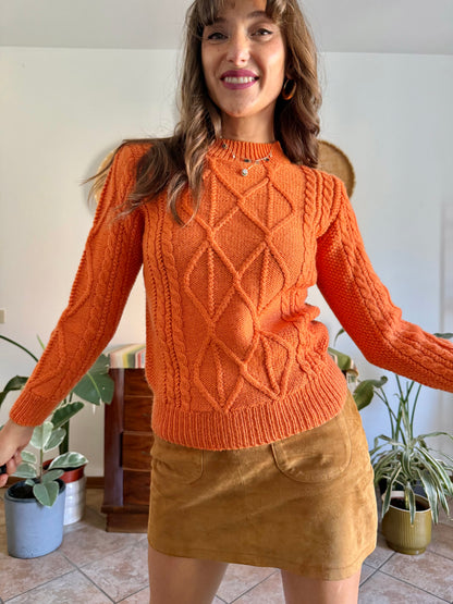 1970's vintage orange wool mock neck cable knit pullover