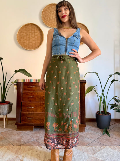 1990's vintage olive green, brown and dark orange floral wrap maxi skirt